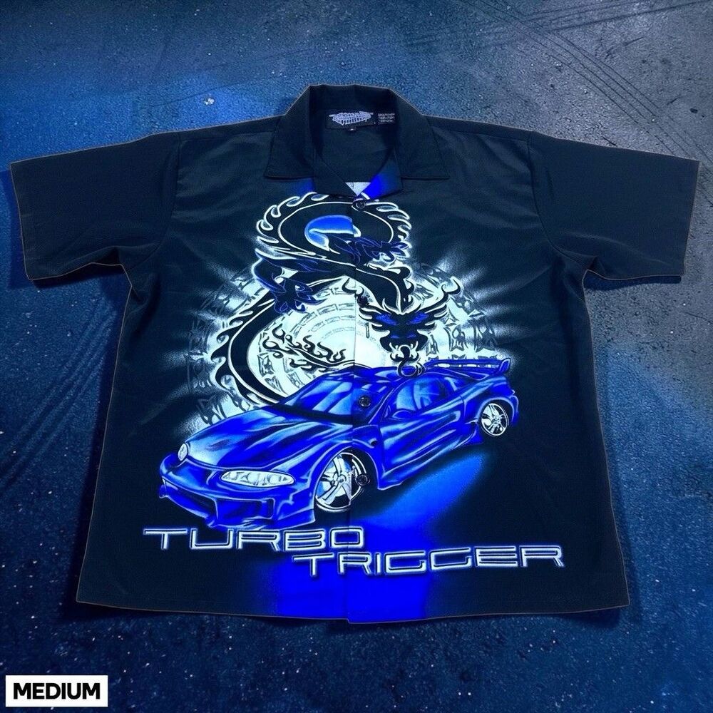 VTG Silver Point Turbo Trigger Dragon JDM Bowling Shirt Boys M Y2K Korea‎ Black